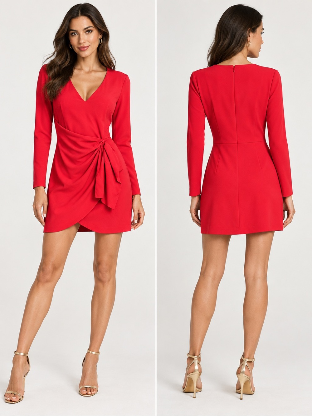 Parker Black Red Draped Knot Front Long Sleeve Mini Dress – Estimated M / 8–10